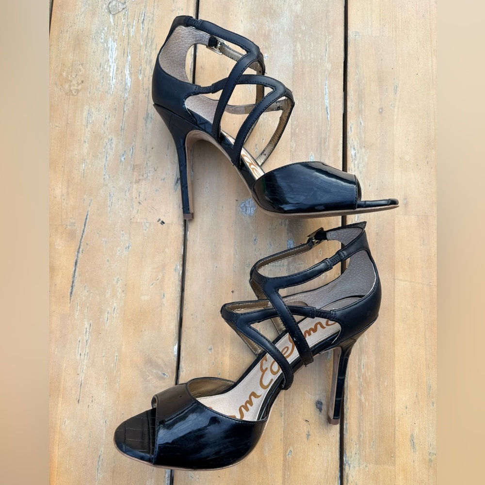 Sam Edelman Black Leather Caged Stiletto Sandals Heels with Ankle Straps